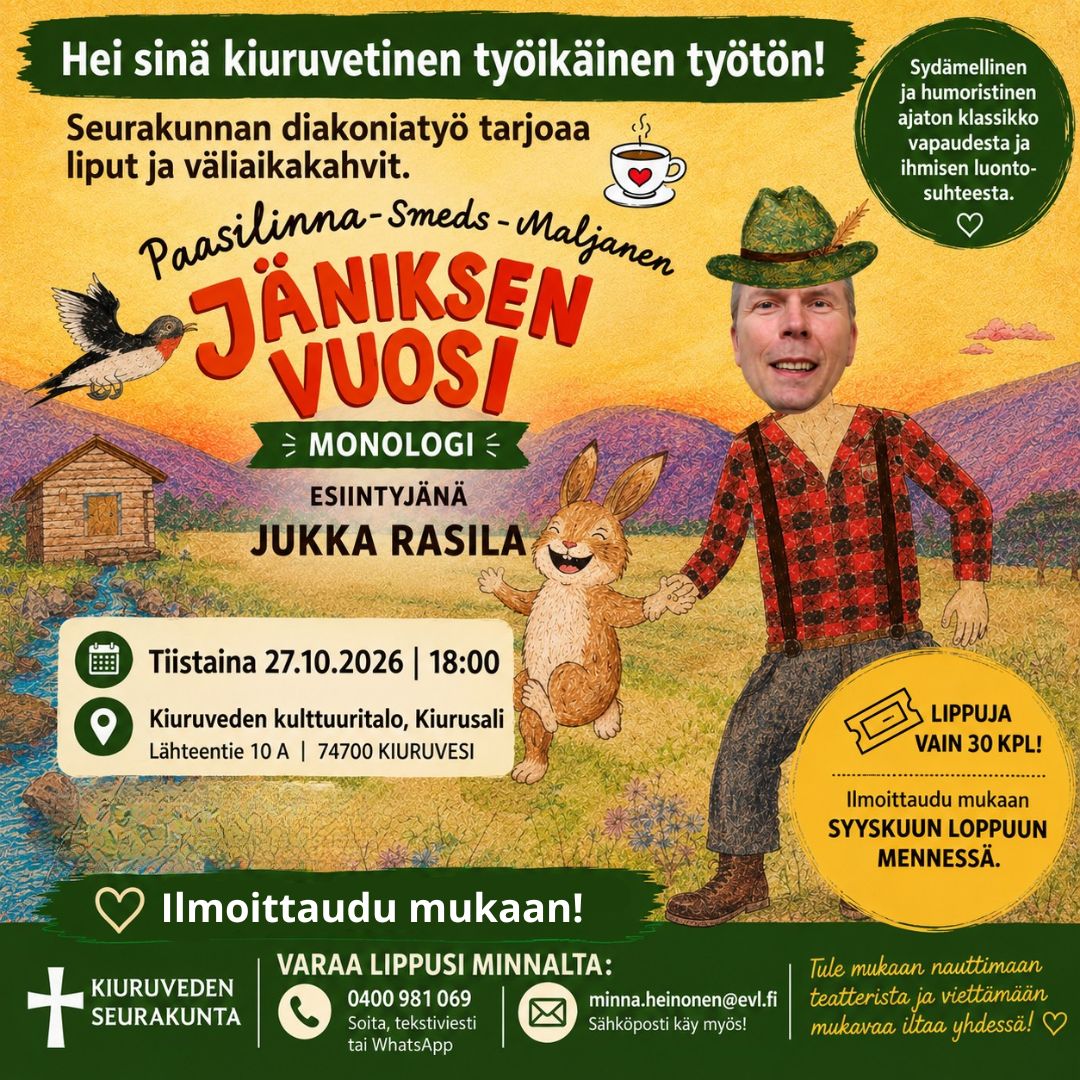 Jäniksen vuosi monologin mainoskuva, jossa lisäksi samat tekstit kuin mainoksessa. 