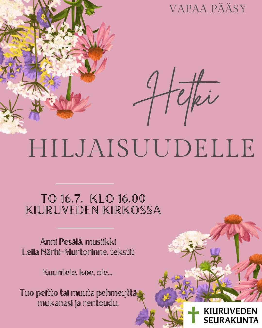 Punertavalla pohjalla on kahdessa kulmassa erilaisia kukkia ja teksti 