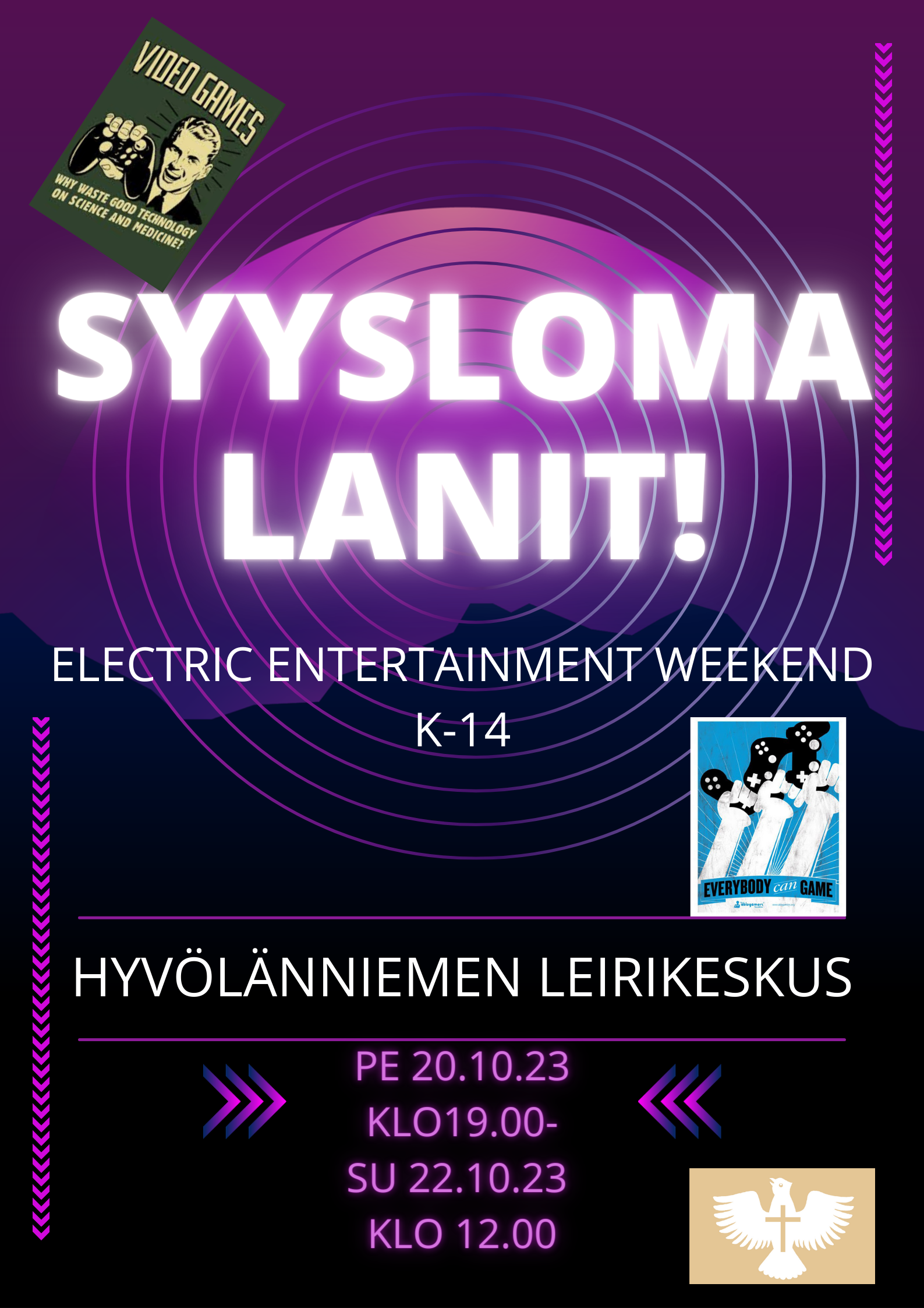 Syyslomalanit 2023 lanien mainosjuliste. Syyslomalanit teksti violetilla pohjalla, kaksi pikkukuvaa peliohjaimista ja tapahtumapaikka Hyvölänniemen leirikeskus sekä ajankohta pe 20.10.23 klo 19-su 22.10.23 klo 12.